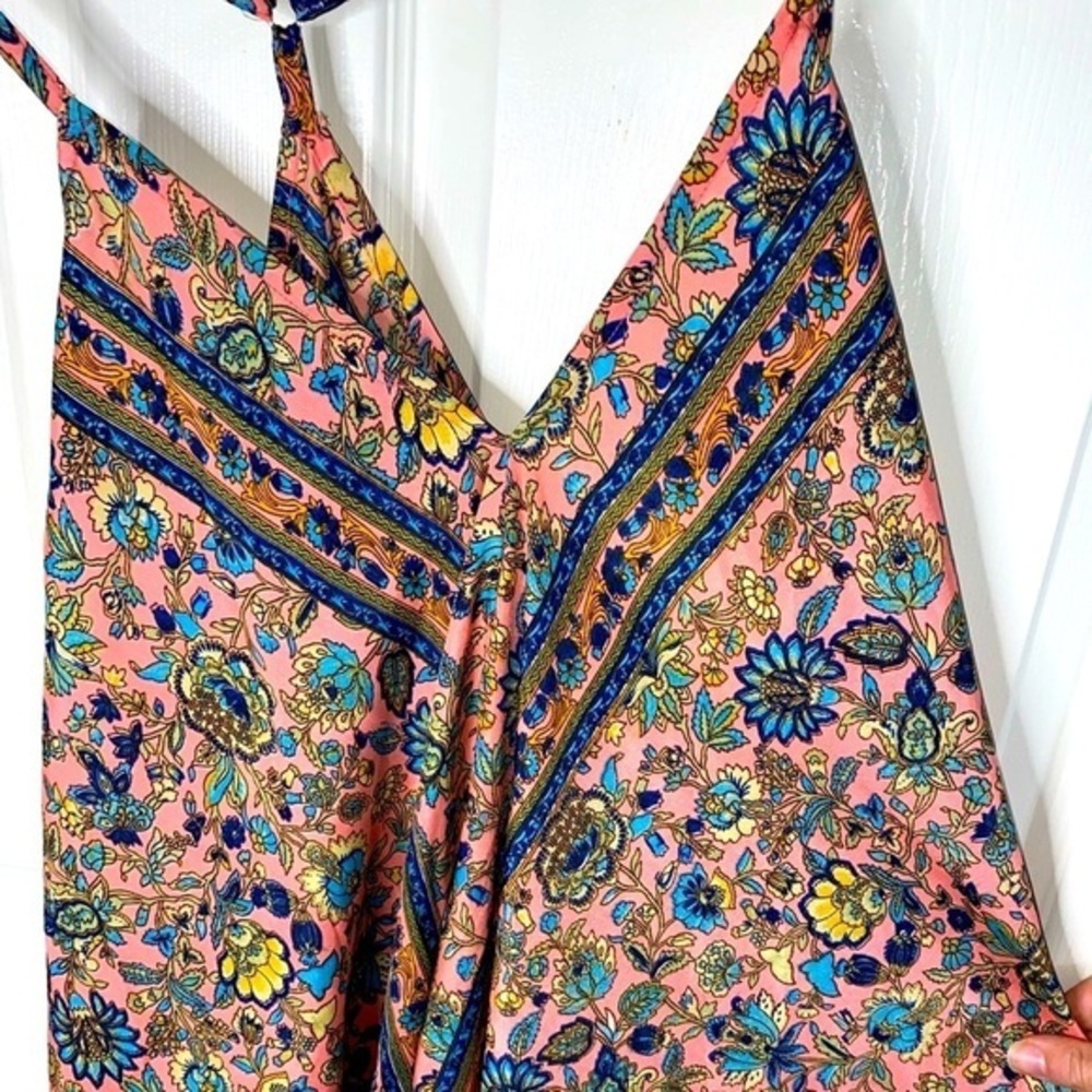Bohemian Pink and Blue Floral Print Midi Dress One Size, Summer Wedding Guest OS